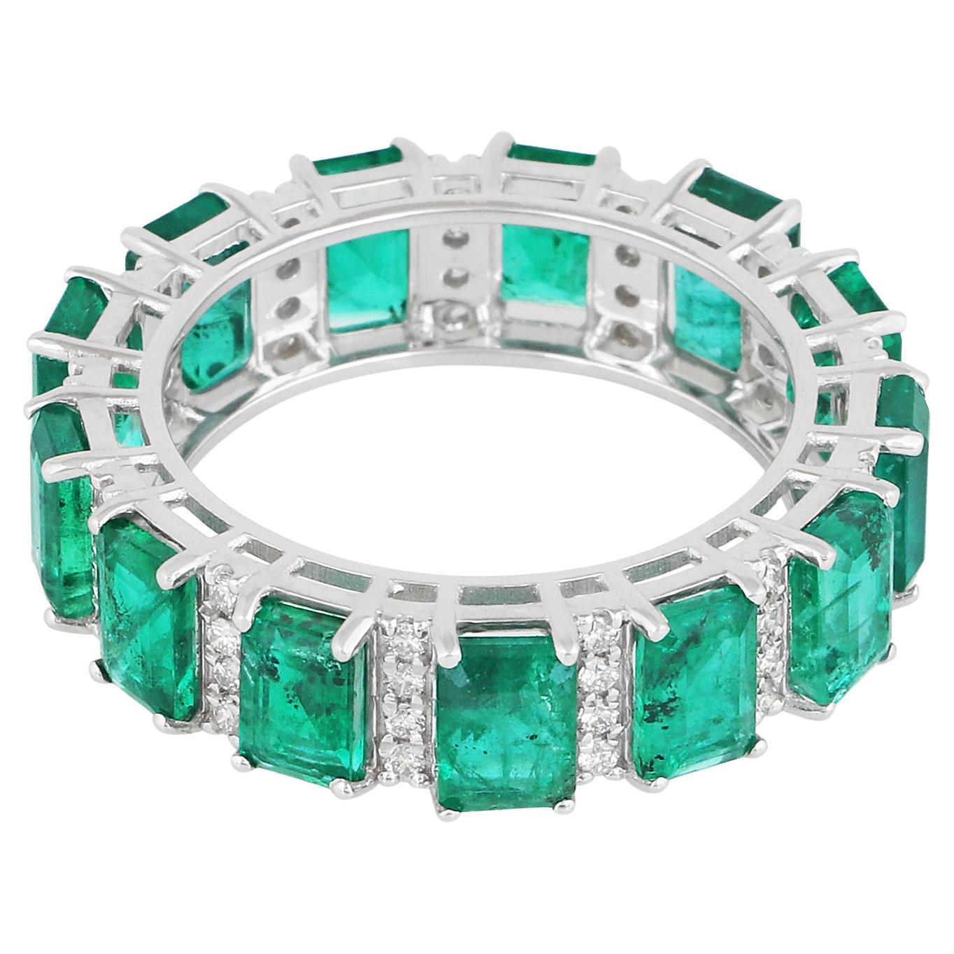Zambian Emerald Gemstone Band Ring Diamond Pave 18 Karat White Gold Fine Jewelry