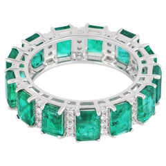 Zambian Emerald Gemstone Band Ring Diamond Pave 18 Karat White Gold Fine Jewelry