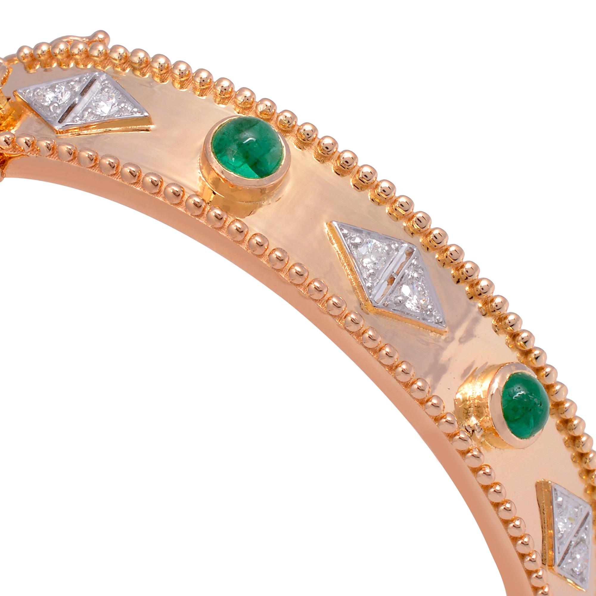 Round Cut Zambian Emerald Gemstone Bangle Bracelet Diamond 18 Karat Rose Gold Fine Jewelry For Sale