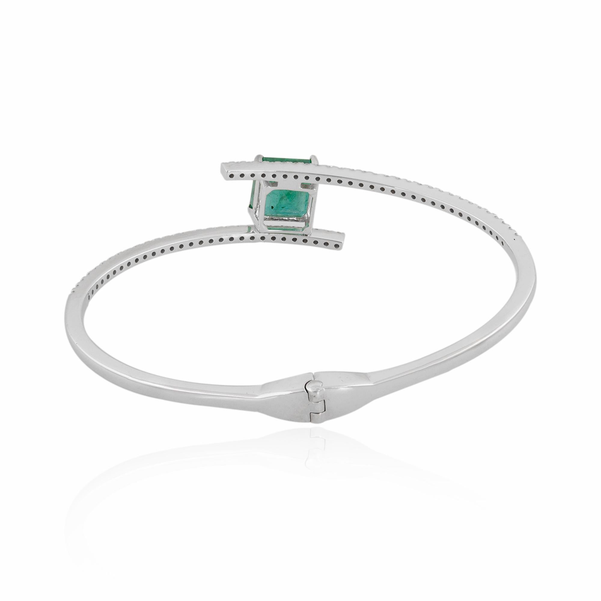 Modern Zambian Emerald Gemstone Bangle Diamond Bracelet 14 Karat White Gold Jewelry For Sale