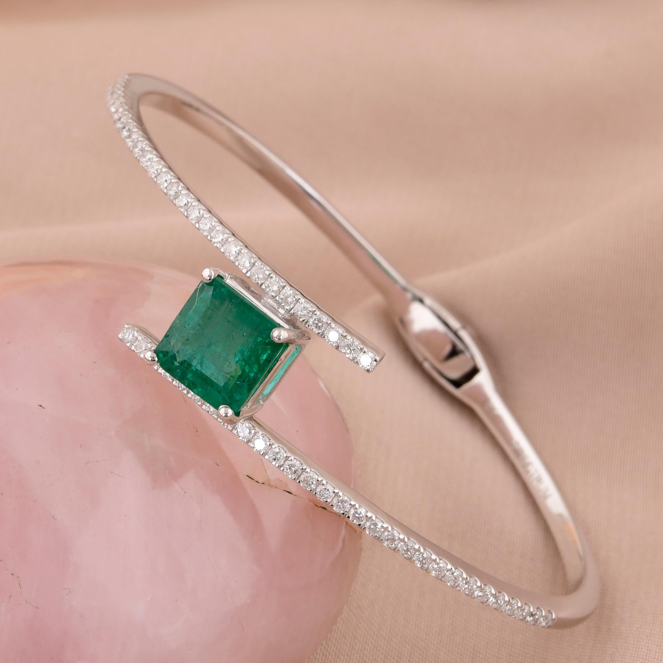 Square Cut Zambian Emerald Gemstone Bangle Diamond Bracelet 14 Karat White Gold Jewelry For Sale