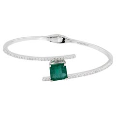 Zambian Emerald Gemstone Bangle Diamond Bracelet 14 Karat White Gold Jewelry