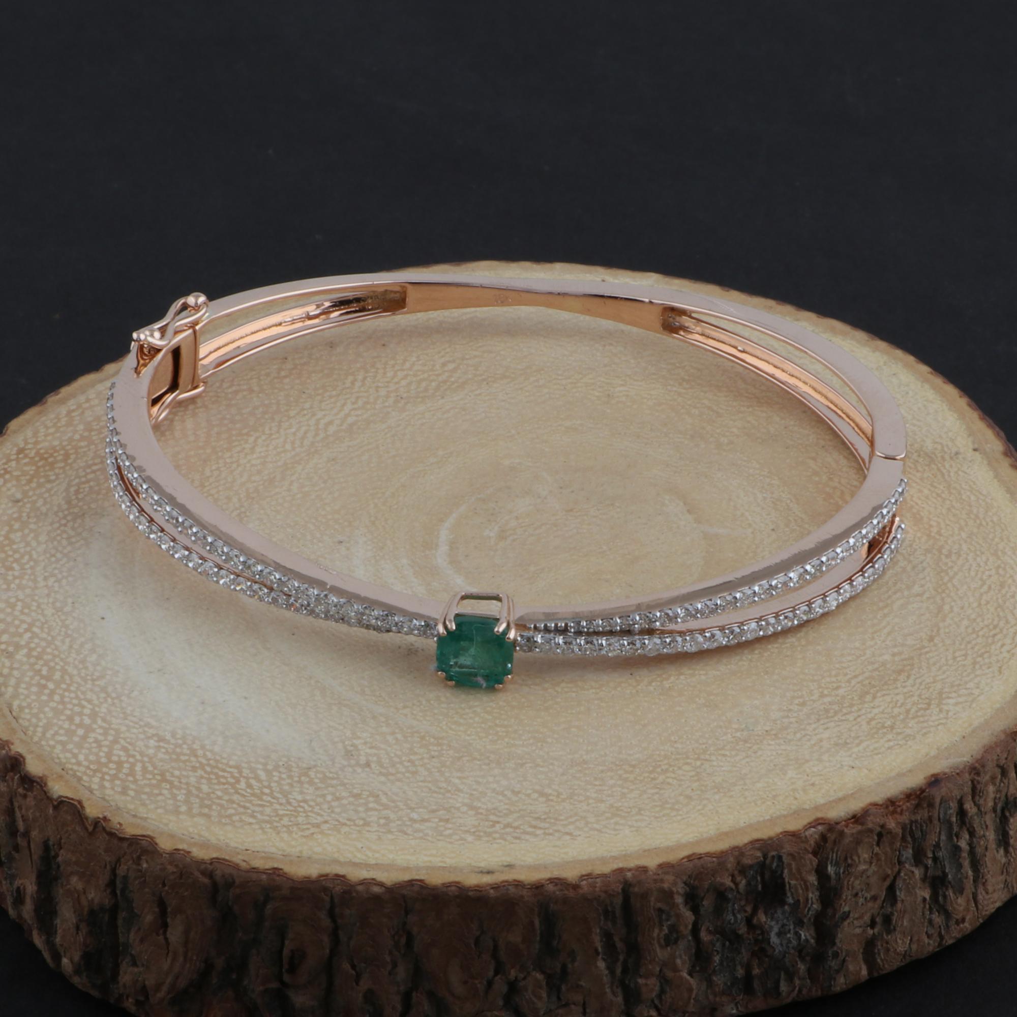 Cushion Cut Natural Emerald Gemstone Bangle Diamond Bracelet 18 Karat Rose Gold Fine Jewelry For Sale