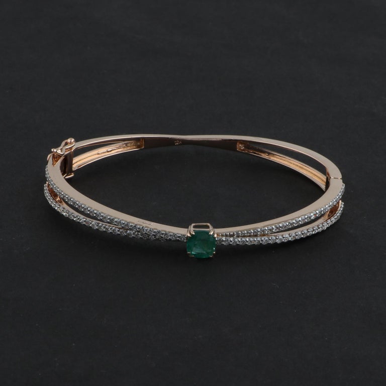 Natural Emerald Gemstone Bangle Diamond Bracelet 18 Karat Rose Gold ...