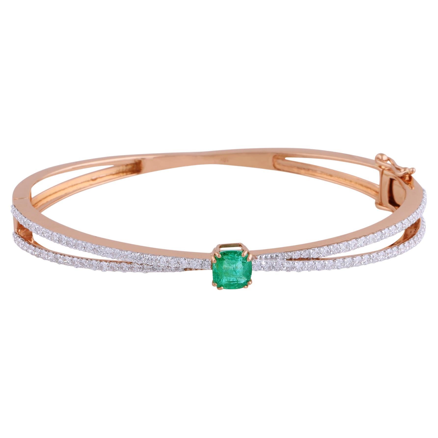 Natural Emerald Gemstone Bangle Diamond Bracelet 18 Karat Rose Gold Fine Jewelry For Sale