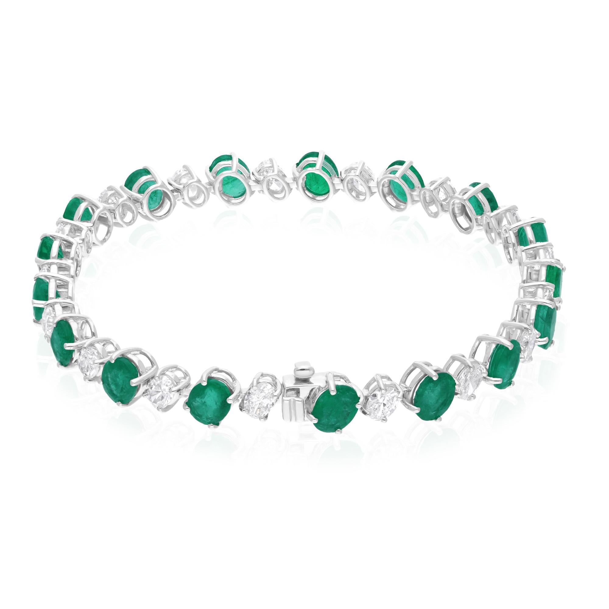Modern Zambian Emerald Gemstone Bracelet Diamond 14 Karat White Gold Handmade Jewelry For Sale