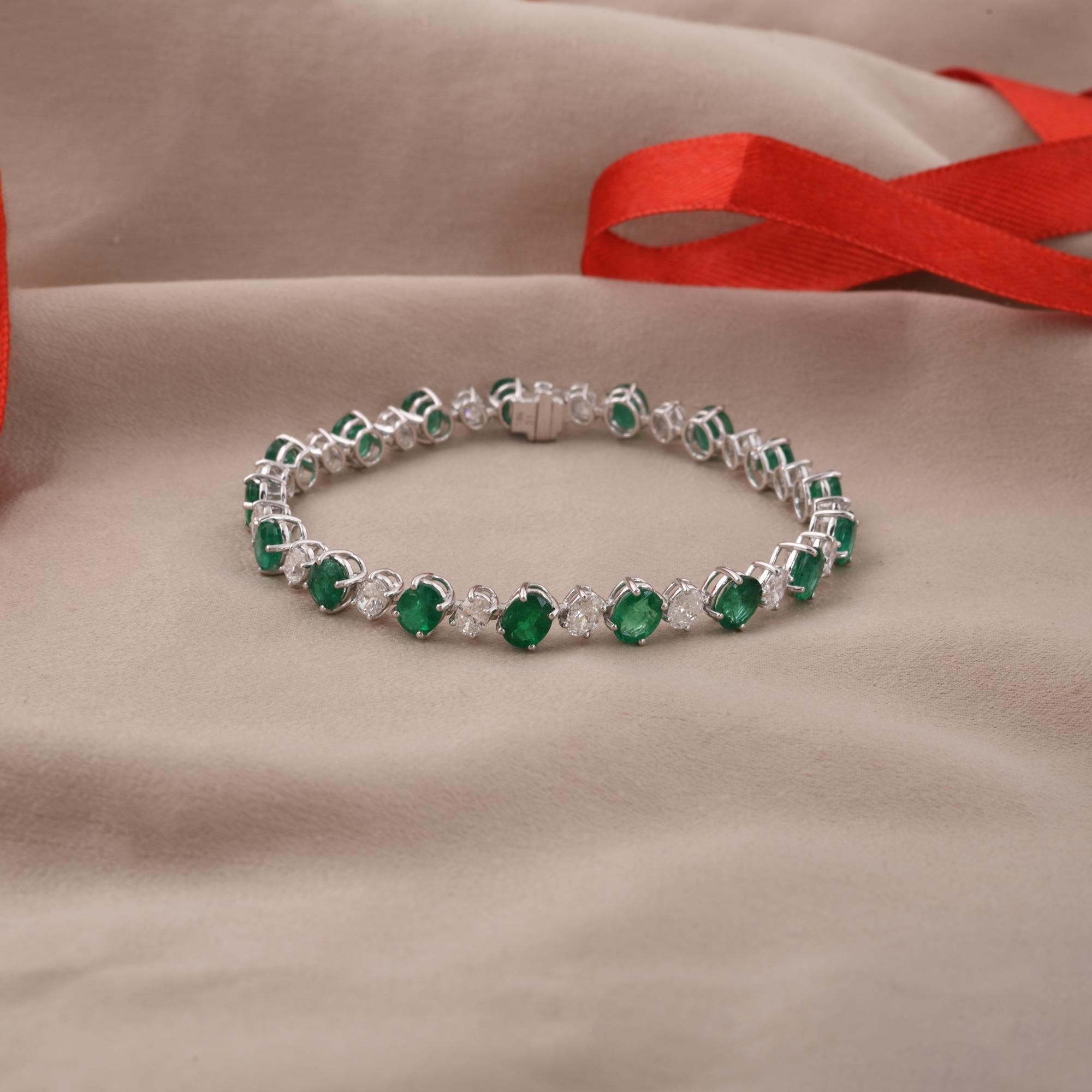 Oval Cut Zambian Emerald Gemstone Bracelet Diamond 14 Karat White Gold Handmade Jewelry For Sale