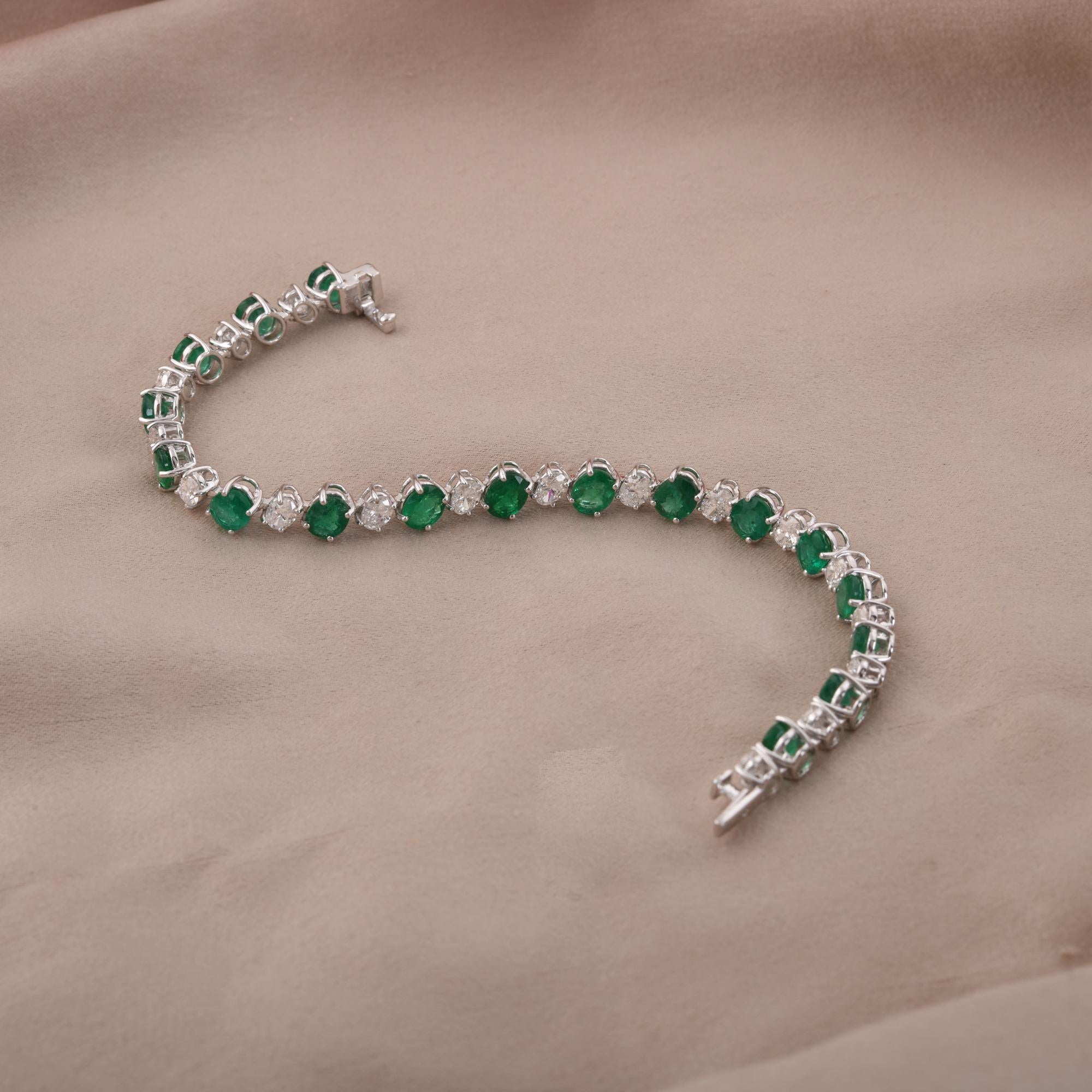 Women's Zambian Emerald Gemstone Bracelet Diamond 14 Karat White Gold Handmade Jewelry For Sale
