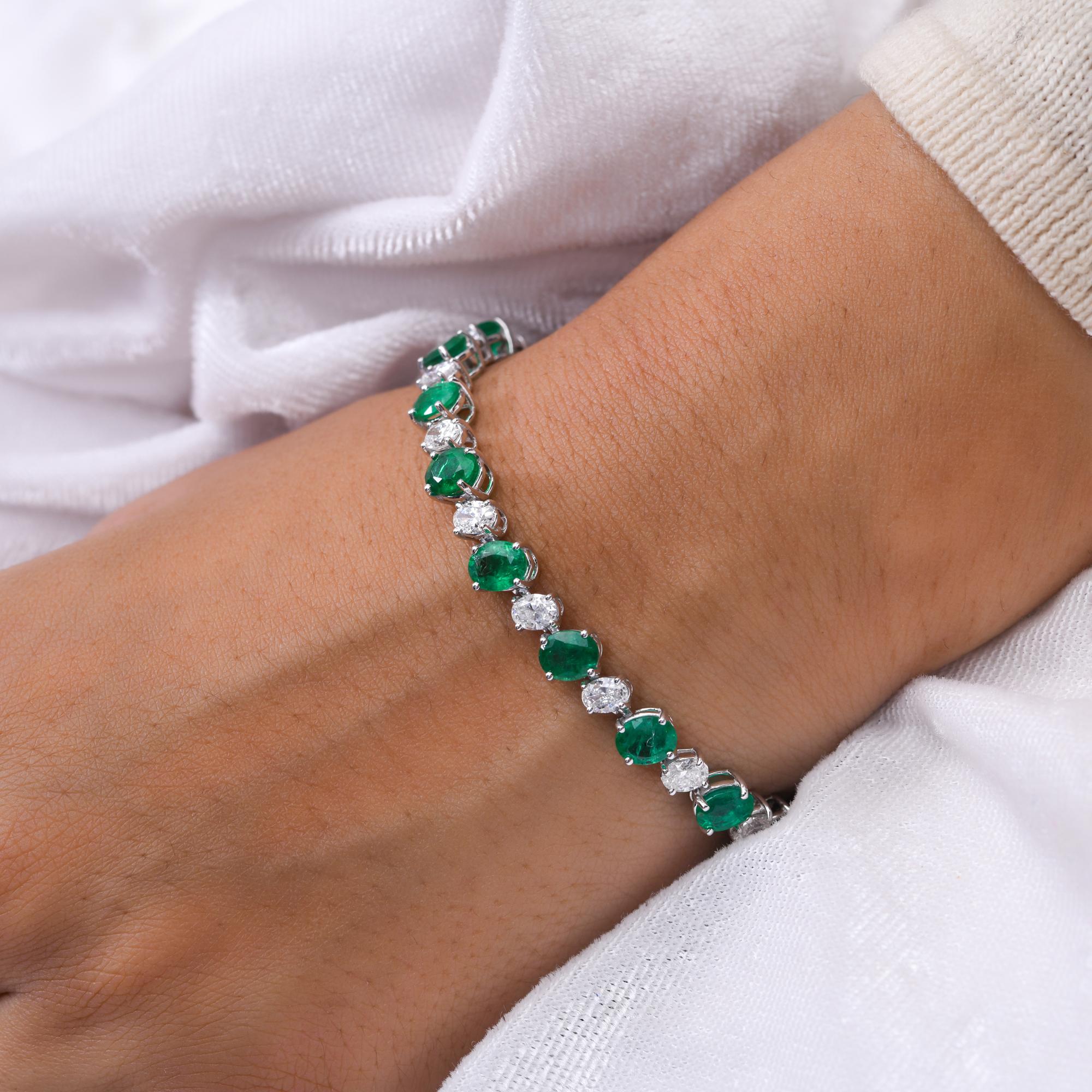 Zambian Emerald Gemstone Bracelet Diamond 14 Karat White Gold Handmade Jewelry For Sale 1