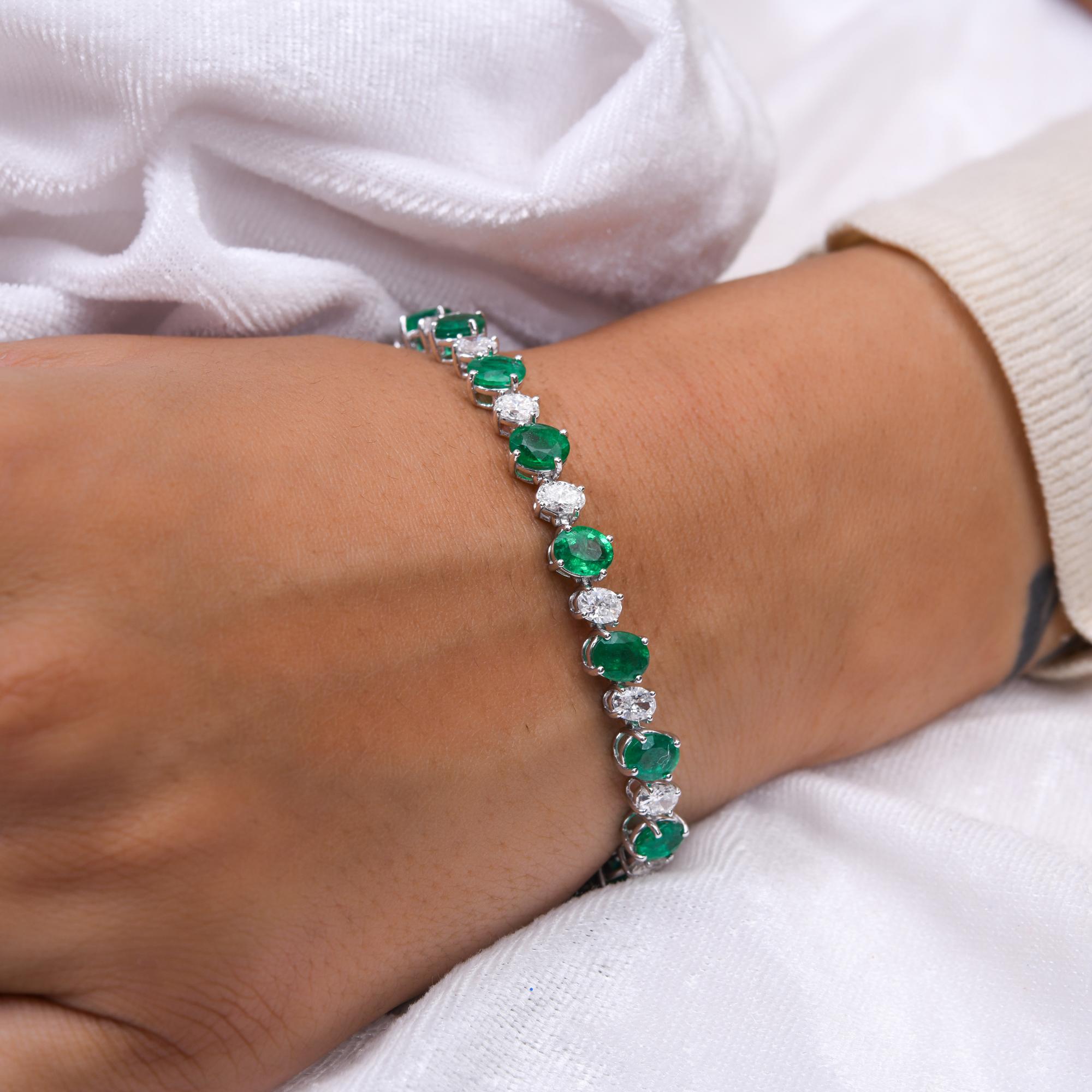 Zambian Emerald Gemstone Bracelet Diamond 14 Karat White Gold Handmade Jewelry For Sale 2