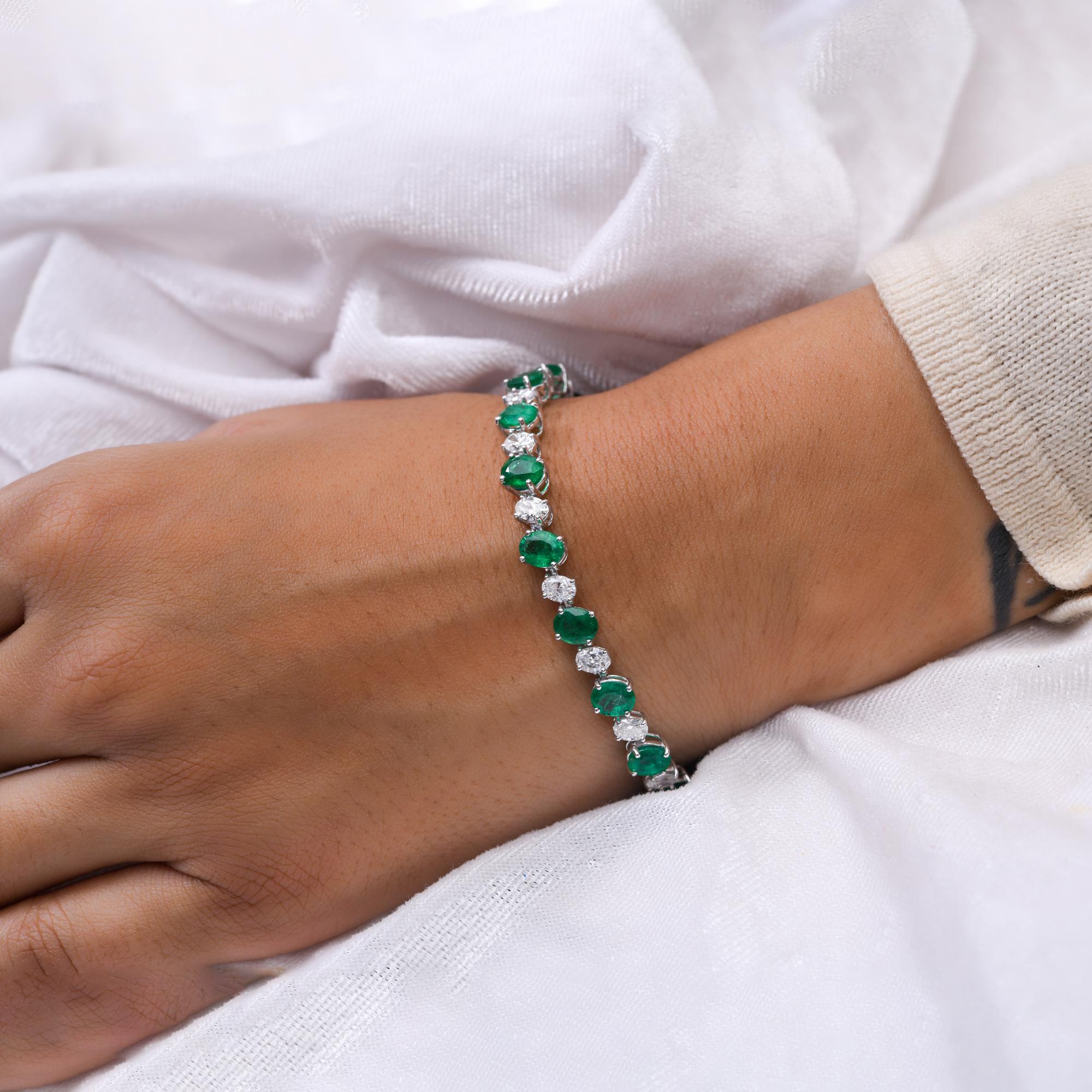 Zambian Emerald Gemstone Bracelet Diamond 14 Karat White Gold Handmade Jewelry For Sale 3