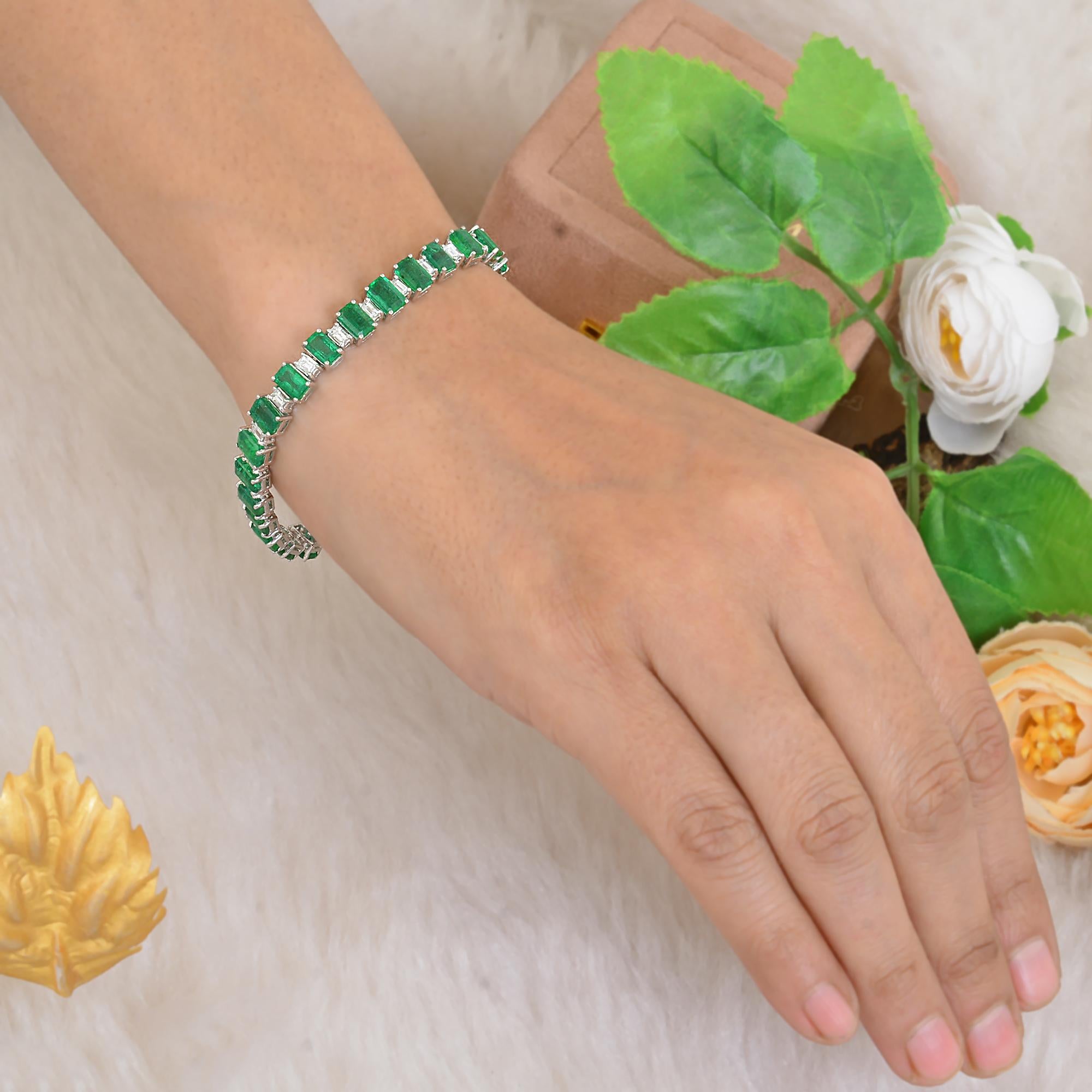 Modern Zambian Emerald Gemstone Bracelet Diamond 14 Karat White Gold Handmade Jewelry For Sale