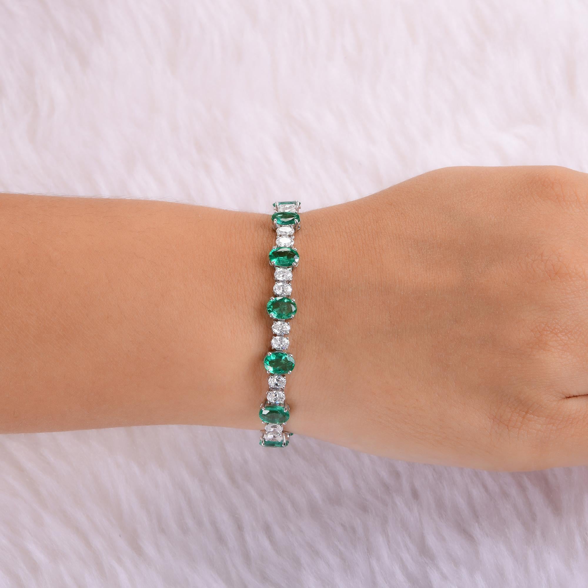 Oval Cut Zambian Emerald Gemstone Bracelet Diamond 18 Karat White Gold Handmade Jewelry For Sale