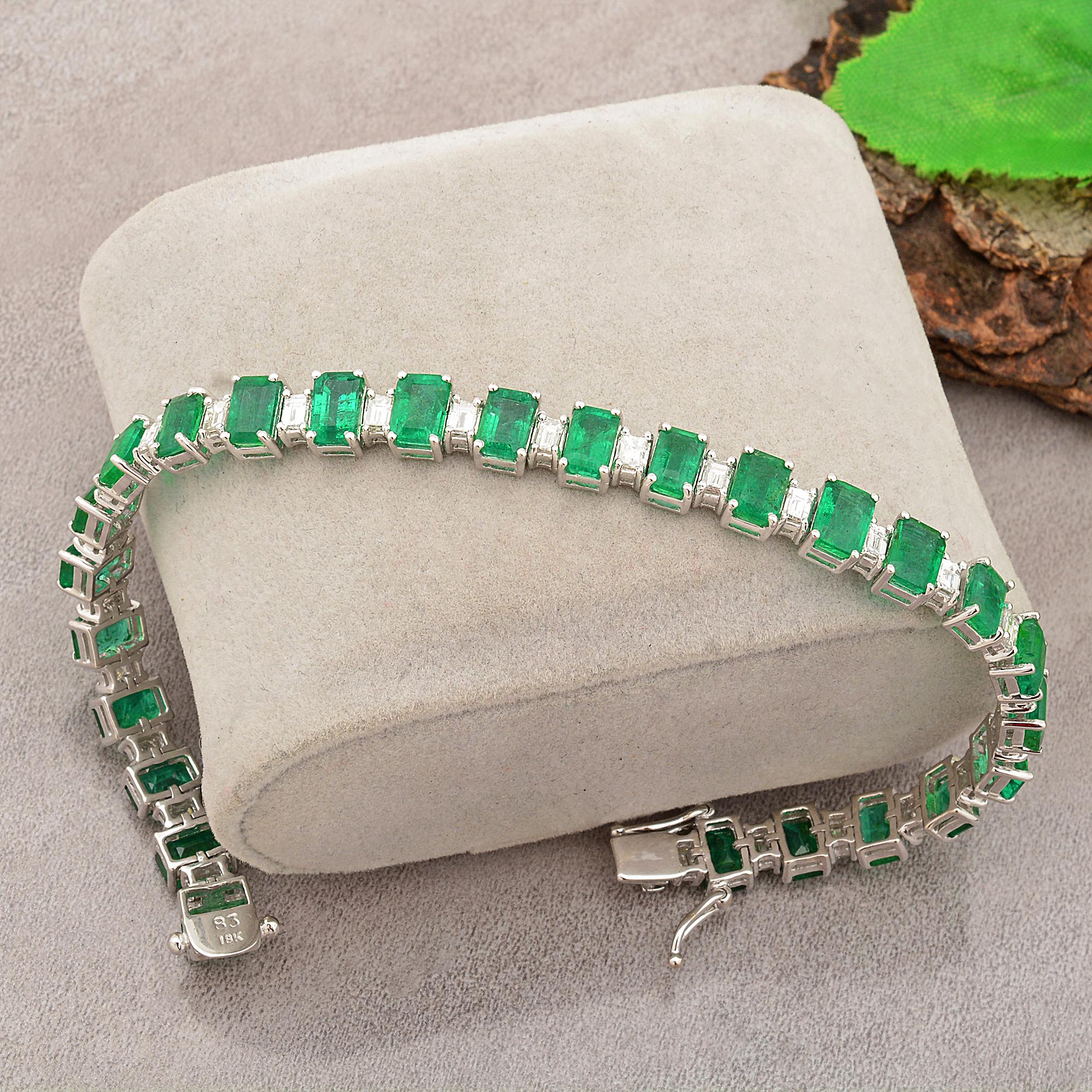 Emerald Cut Zambian Emerald Gemstone Bracelet Diamond 14 Karat White Gold Handmade Jewelry For Sale