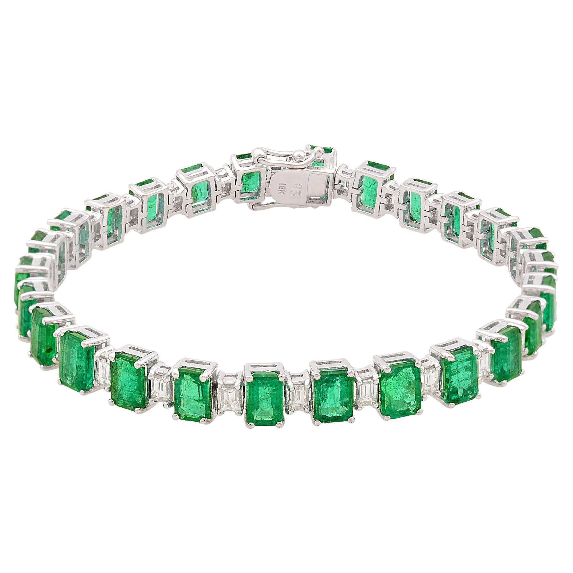 Bracelet de pierres précieuses émeraudes de Zambie en or blanc 14 carats et diamants, fait main