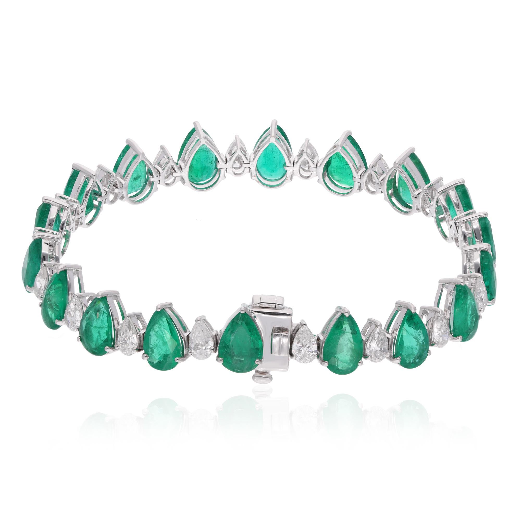 Modern Zambian Emerald Gemstone Bracelet Pear Diamond 14 Karat White Gold Fine Jewelry For Sale