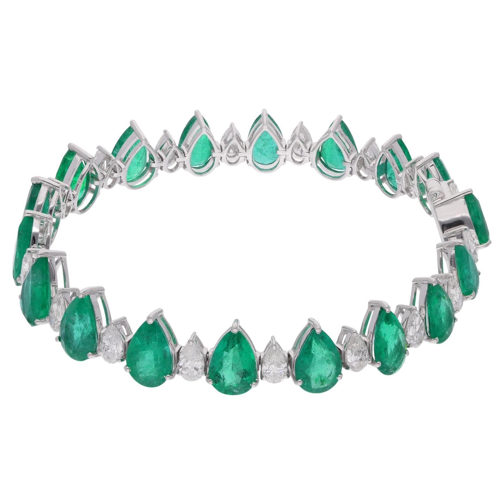 Zambian Emerald Gemstone Bracelet Pear Diamond 18 Karat White Gold Fine Jewelry