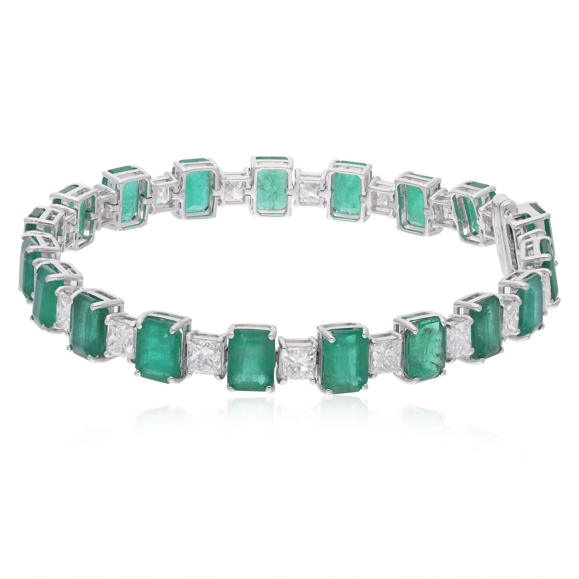 Modern Natural Emerald Gemstone Bracelet Square Diamond 18 Karat White Gold Jewelry For Sale