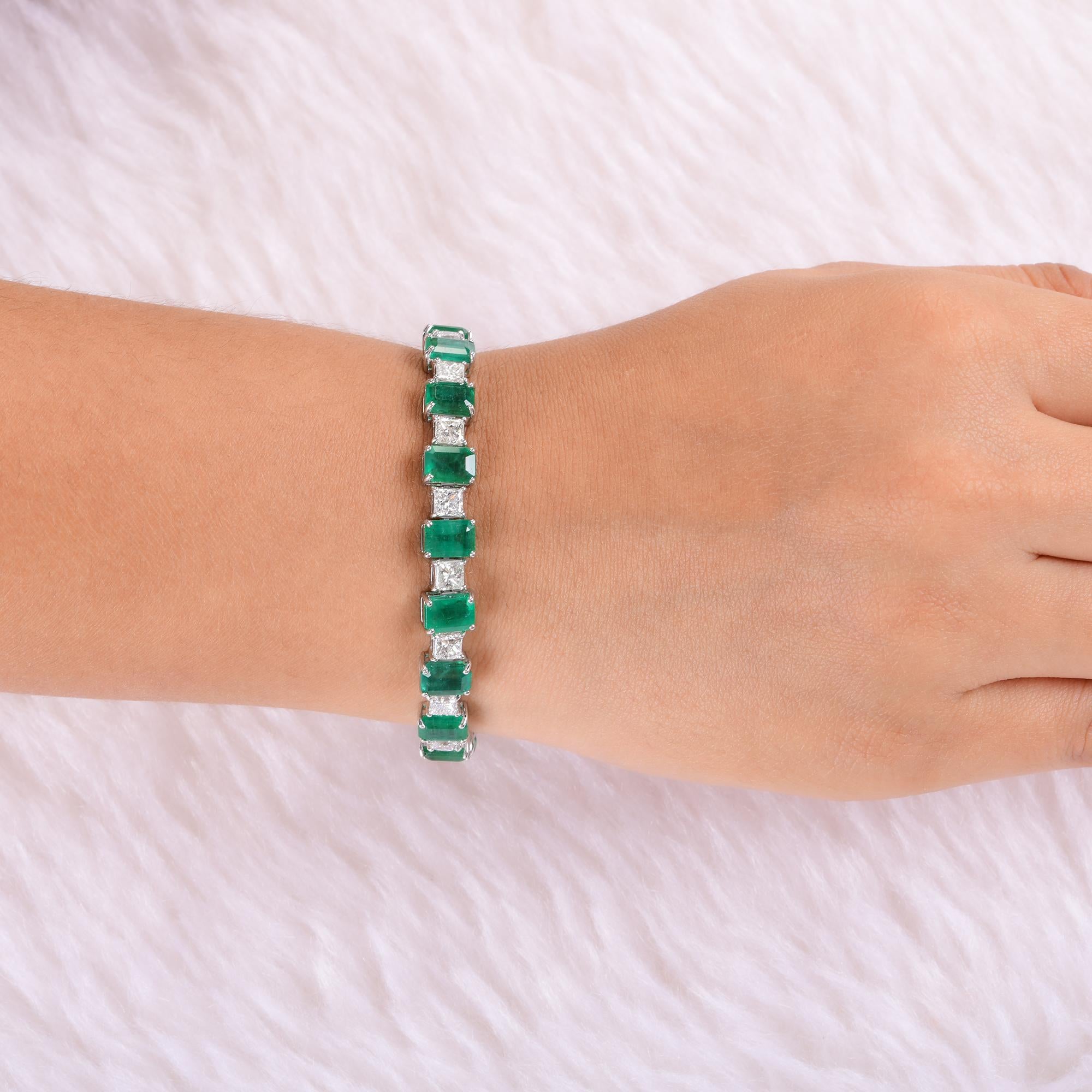 Emerald Cut Natural Emerald Gemstone Bracelet Square Diamond 18 Karat White Gold Jewelry For Sale