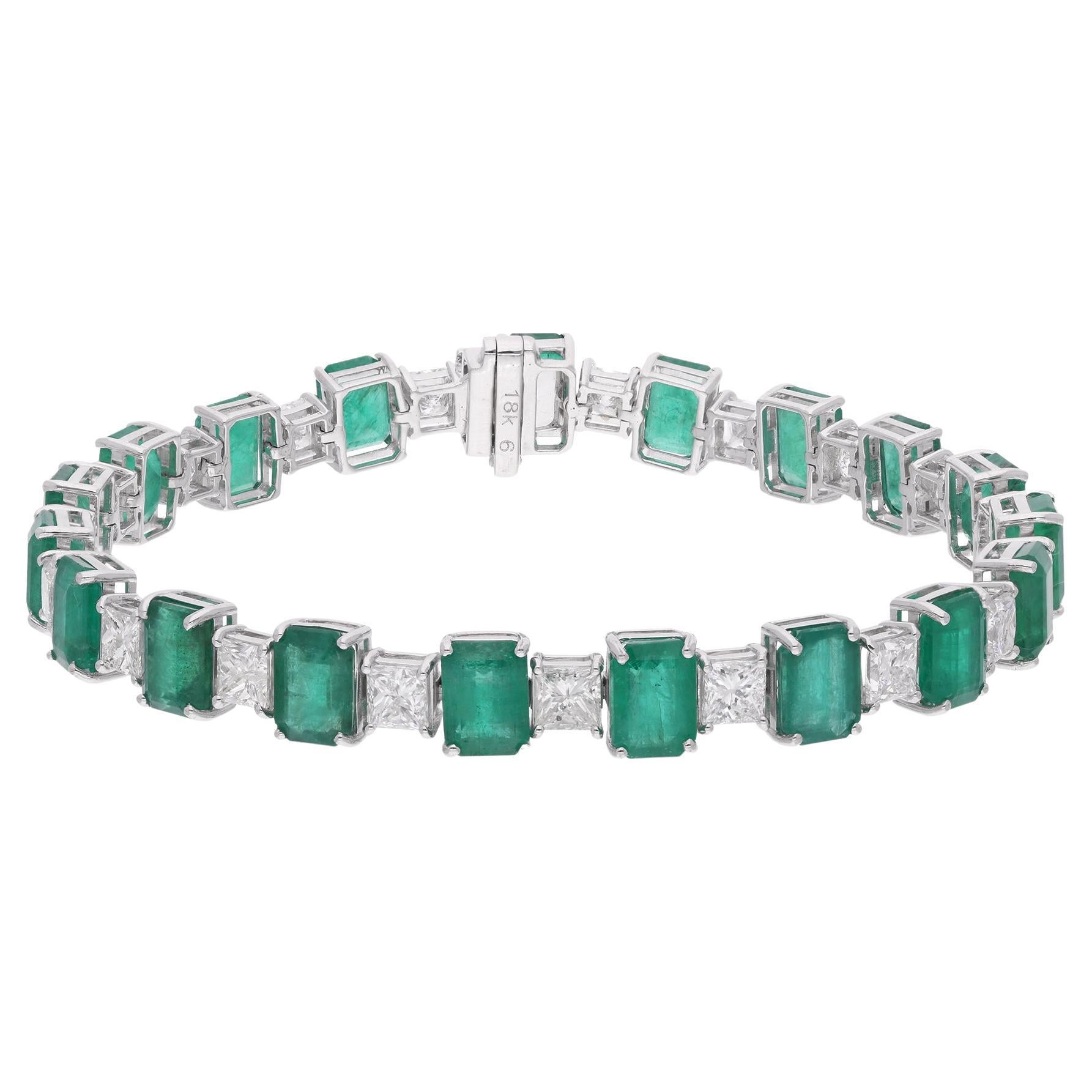 Bracelet de pierres précieuses Emeraude Naturelle Diamant carré Or blanc 18 carats Bijoux