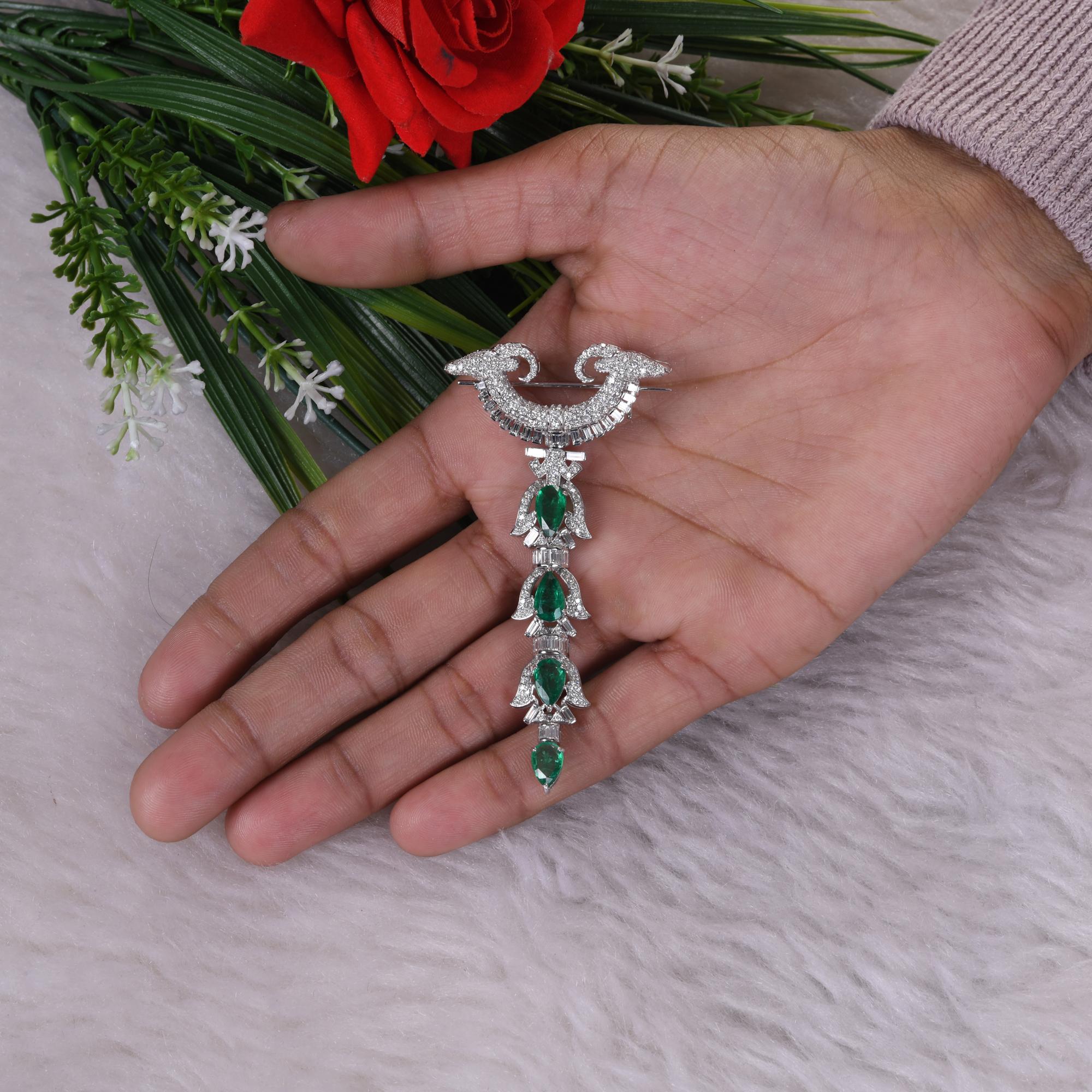 Pear Cut Zambian Emerald Gemstone Brooch Diamond Pendant 18 Karat White Gold Fine Jewelry For Sale