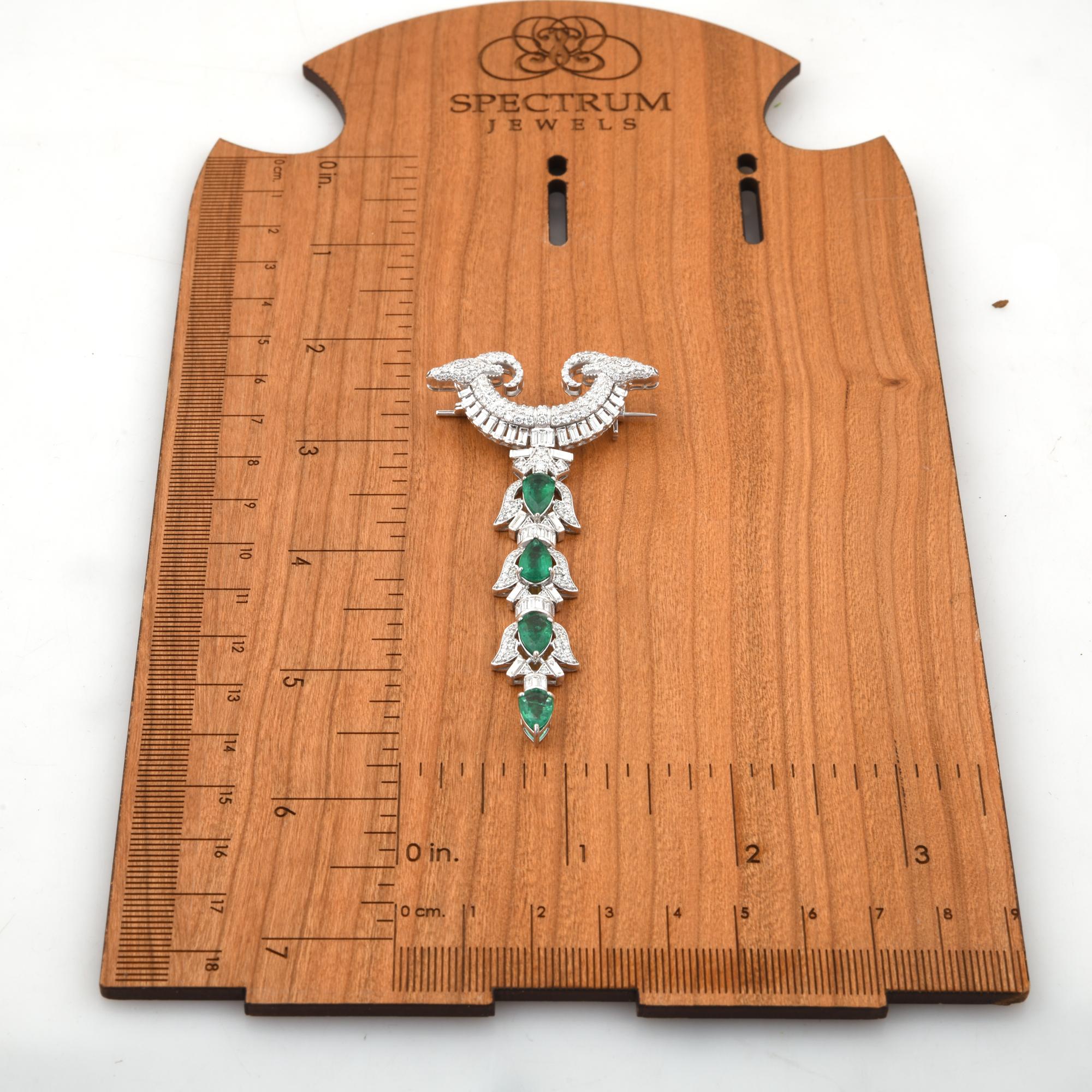 Women's Zambian Emerald Gemstone Brooch Diamond Pendant 18 Karat White Gold Fine Jewelry For Sale