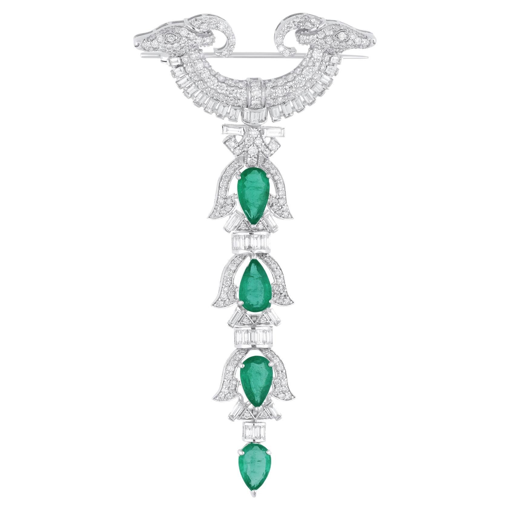 Zambian Emerald Gemstone Brooch Diamond Pendant 18 Karat White Gold Fine Jewelry