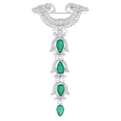 Zambian Emerald Gemstone Brooch Diamond Pendant 18 Karat White Gold Fine Jewelry