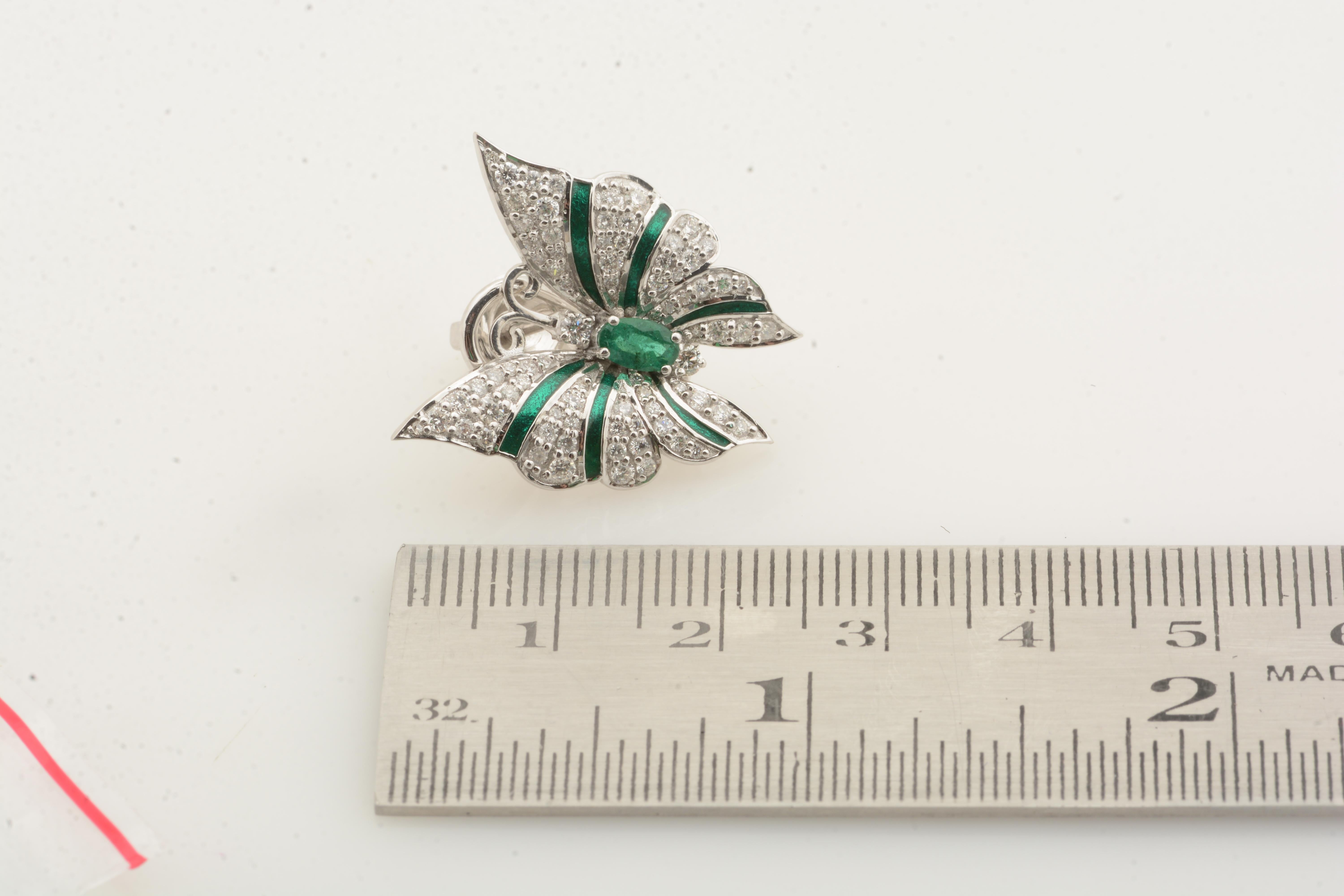 Women's Natural Zambian Emerald Gemstone Butterfly Earrings Diamond 18k Solid White Gold For Sale