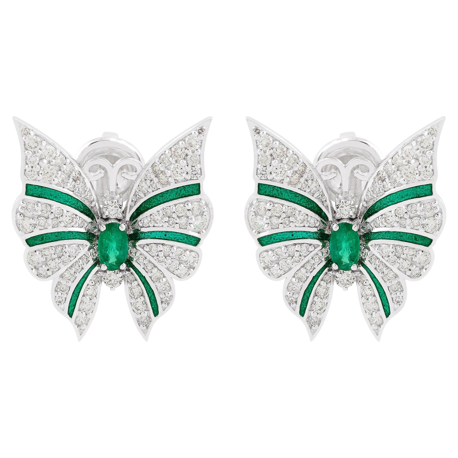 Boucles d'oreilles papillon en pierre précieuse émeraude de Zambie Diamant or blanc massif 18k en vente