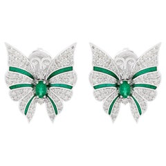 Natural Emerald Gemstone Butterfly Stud Earrings Diamond 18k White Gold Jewelry