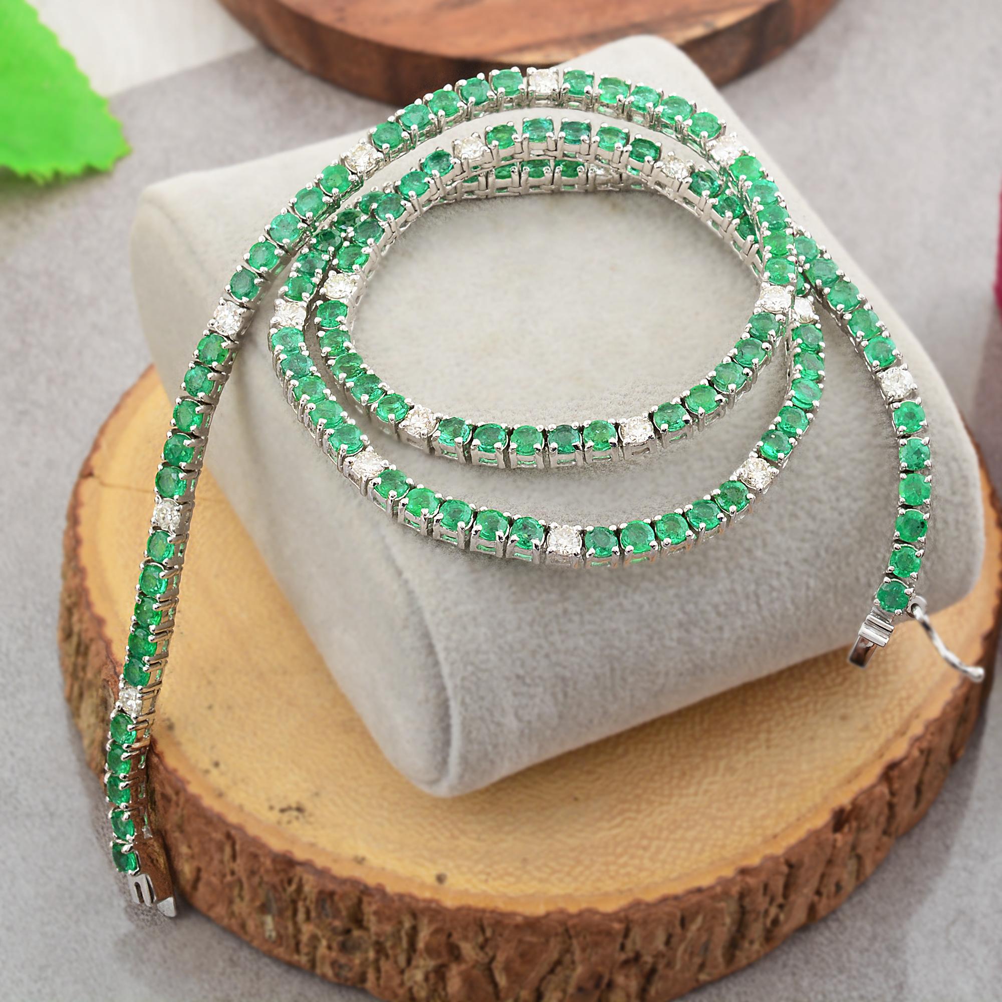 Looking for a piece of jewelry that combines classic elegance with modern sophistication? Look no further than this exquisite Gold Diamond & Emerald Tennis Necklace from our collection. Designed to fit comfortably around your neck, this Necklace is