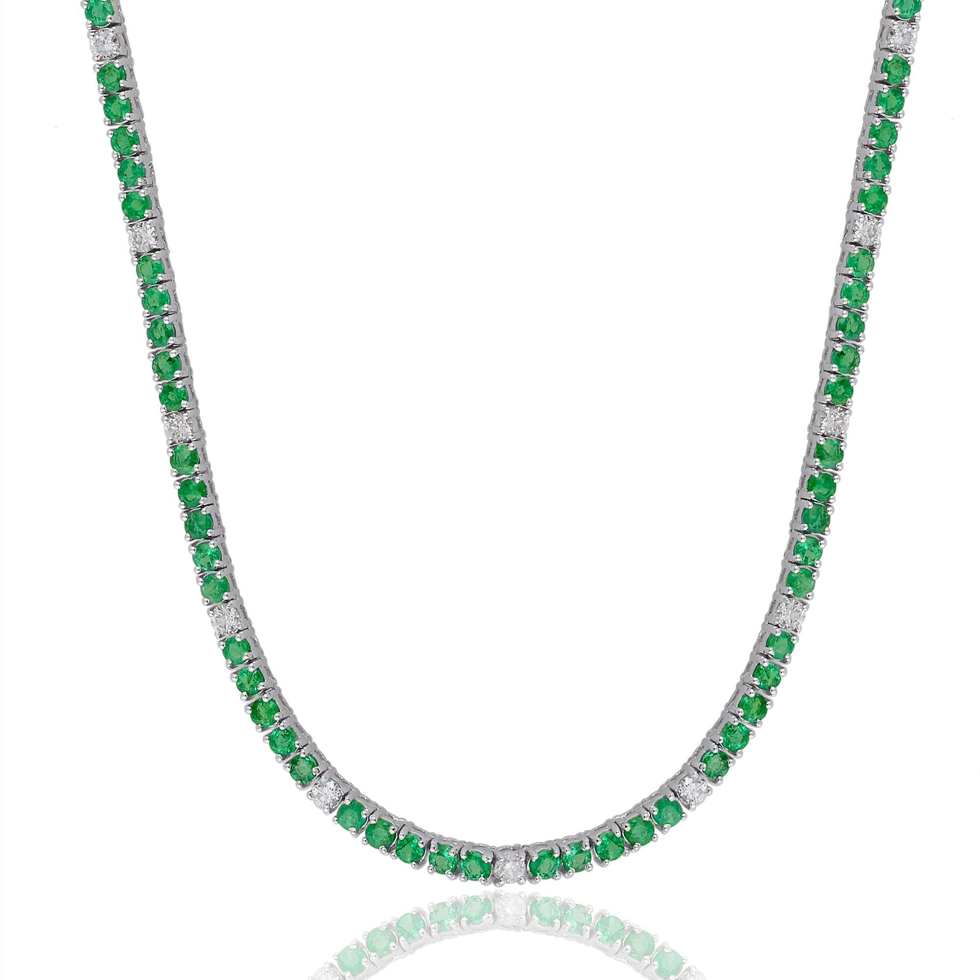 Round Cut Natural Emerald Gemstone Chain Diamond 10 Karat White Gold Handmade Fine Jewelry For Sale
