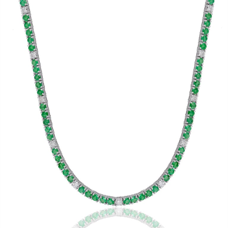 Natural Emerald Gemstone Chain Diamond 10 Karat White Gold Handmade