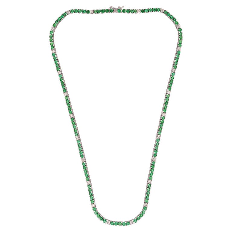 Natural Emerald Gemstone Chain Diamond 10 Karat White Gold Handmade Fine Jewelry For Sale at 1stDibs