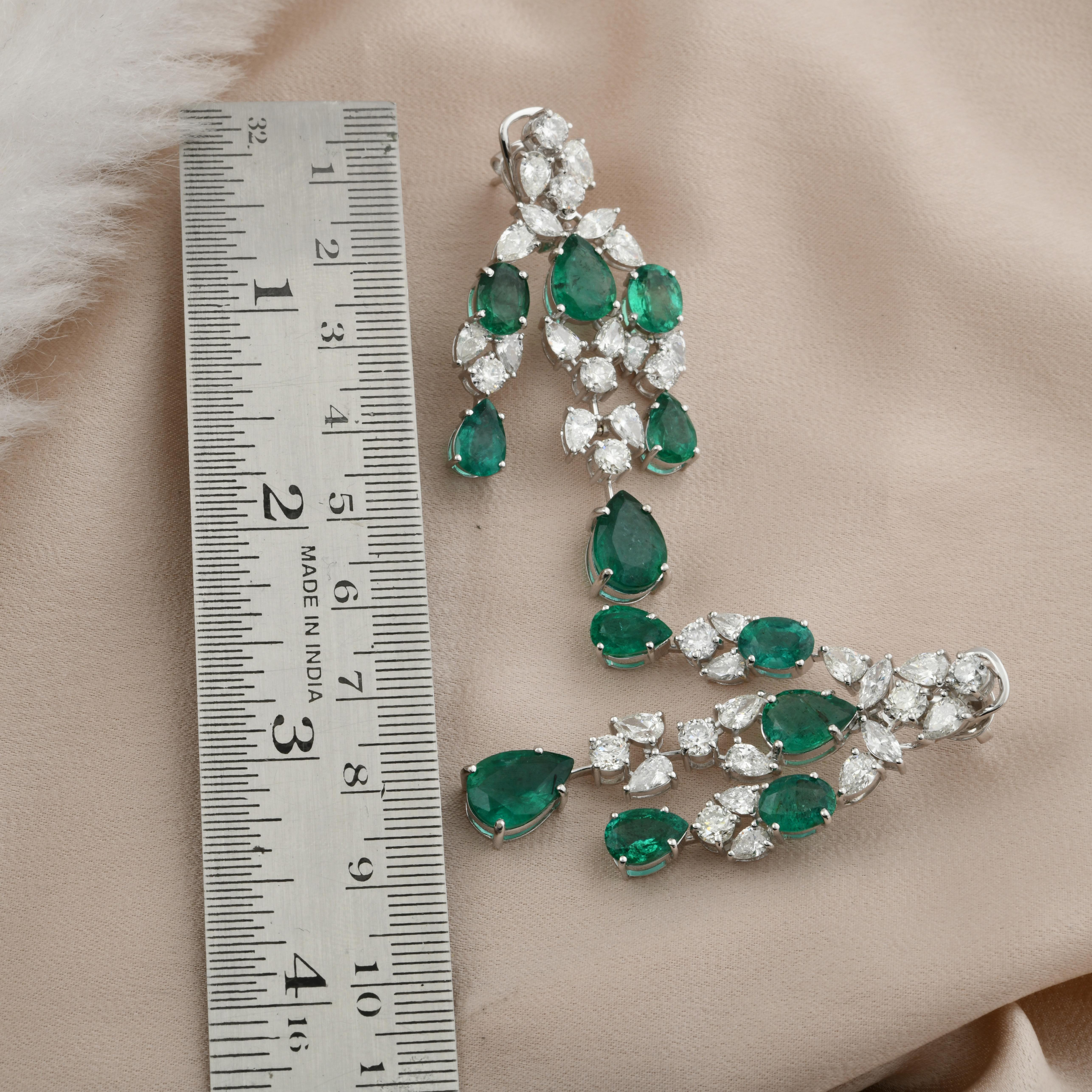 Oval Cut Natural Emerald Gemstone Chandelier Earrings Diamond 14k White Gold Fine Jewelry For Sale