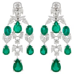 Natural Emerald Gemstone Chandelier Earrings Diamond 14k White Gold Fine Jewelry