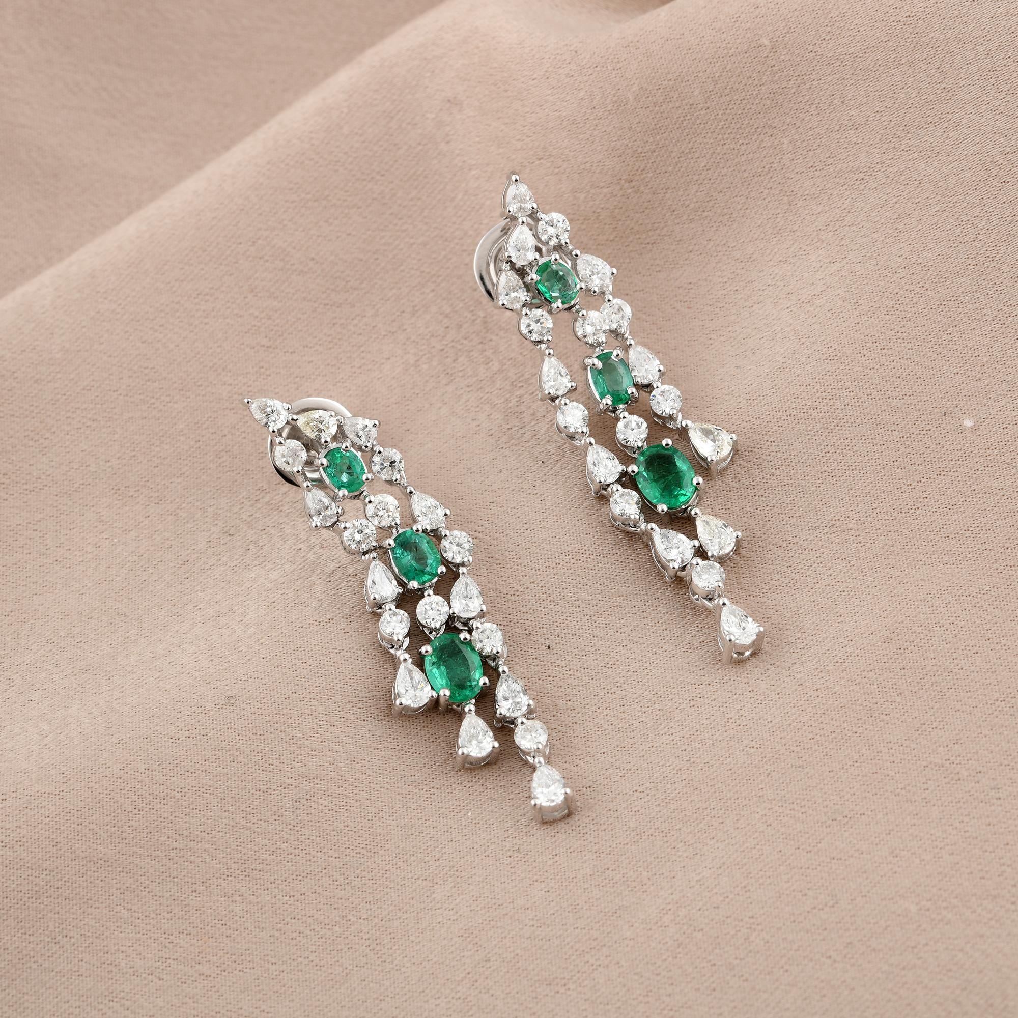 Modern Zambian Emerald Gemstone Chandelier Earrings Diamond 18 Karat White Gold Jewelry For Sale