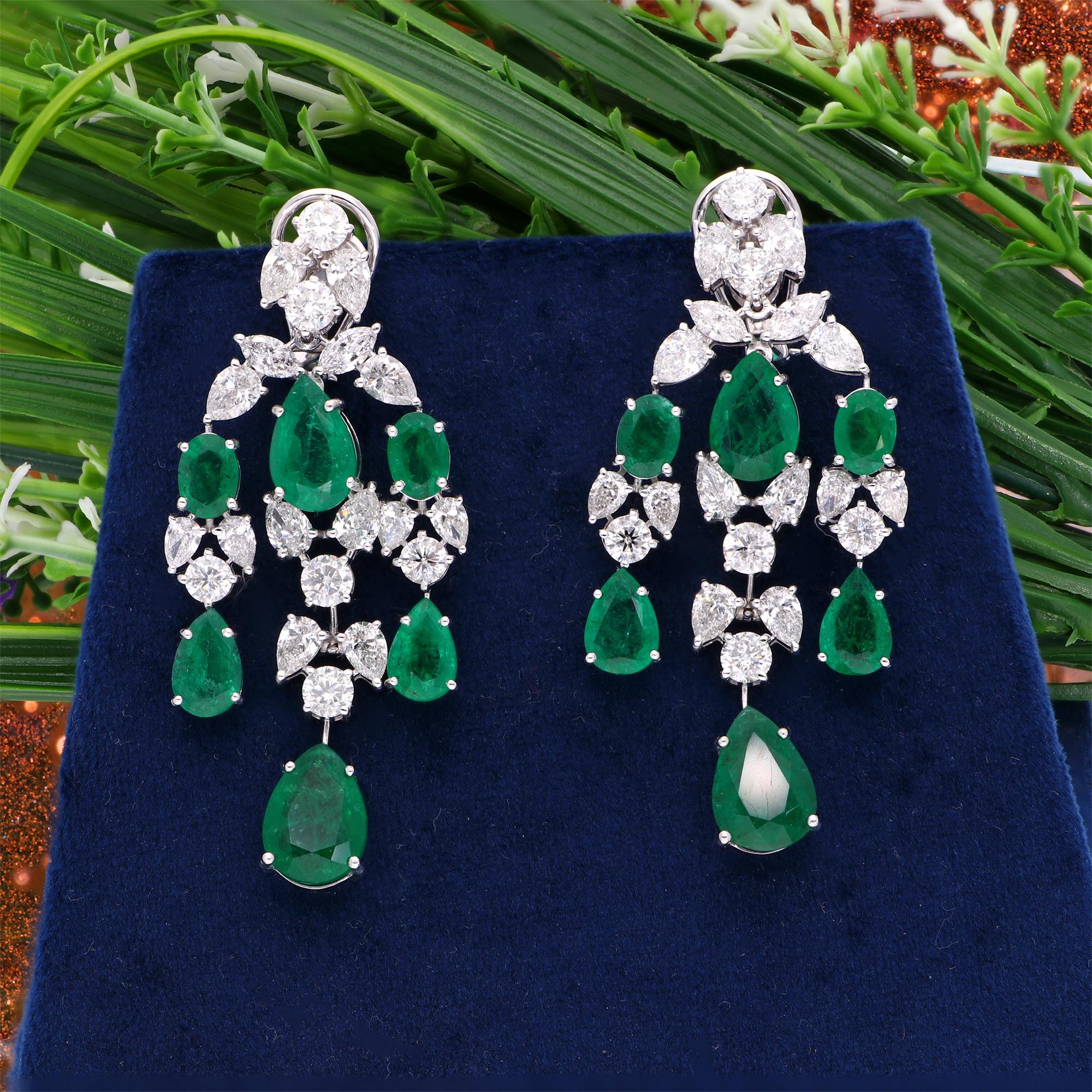 Modern Zambian Emerald Gemstone Chandelier Earrings Diamond 18 Karat White Gold Jewelry For Sale