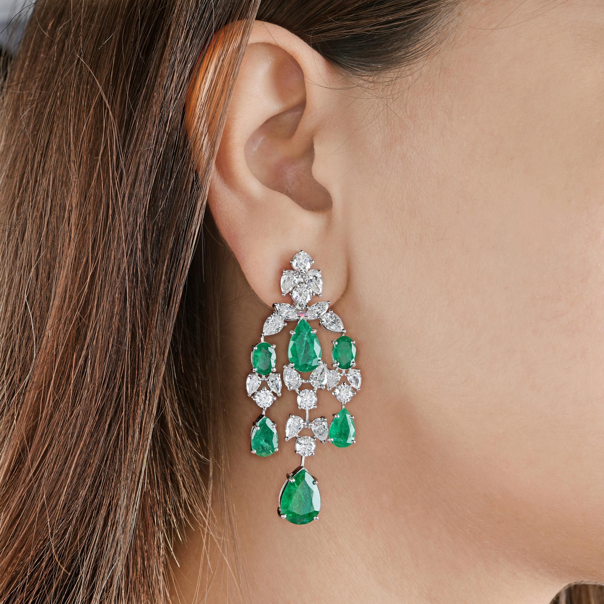 Pear Cut Zambian Emerald Gemstone Chandelier Earrings Diamond 18 Karat White Gold Jewelry For Sale