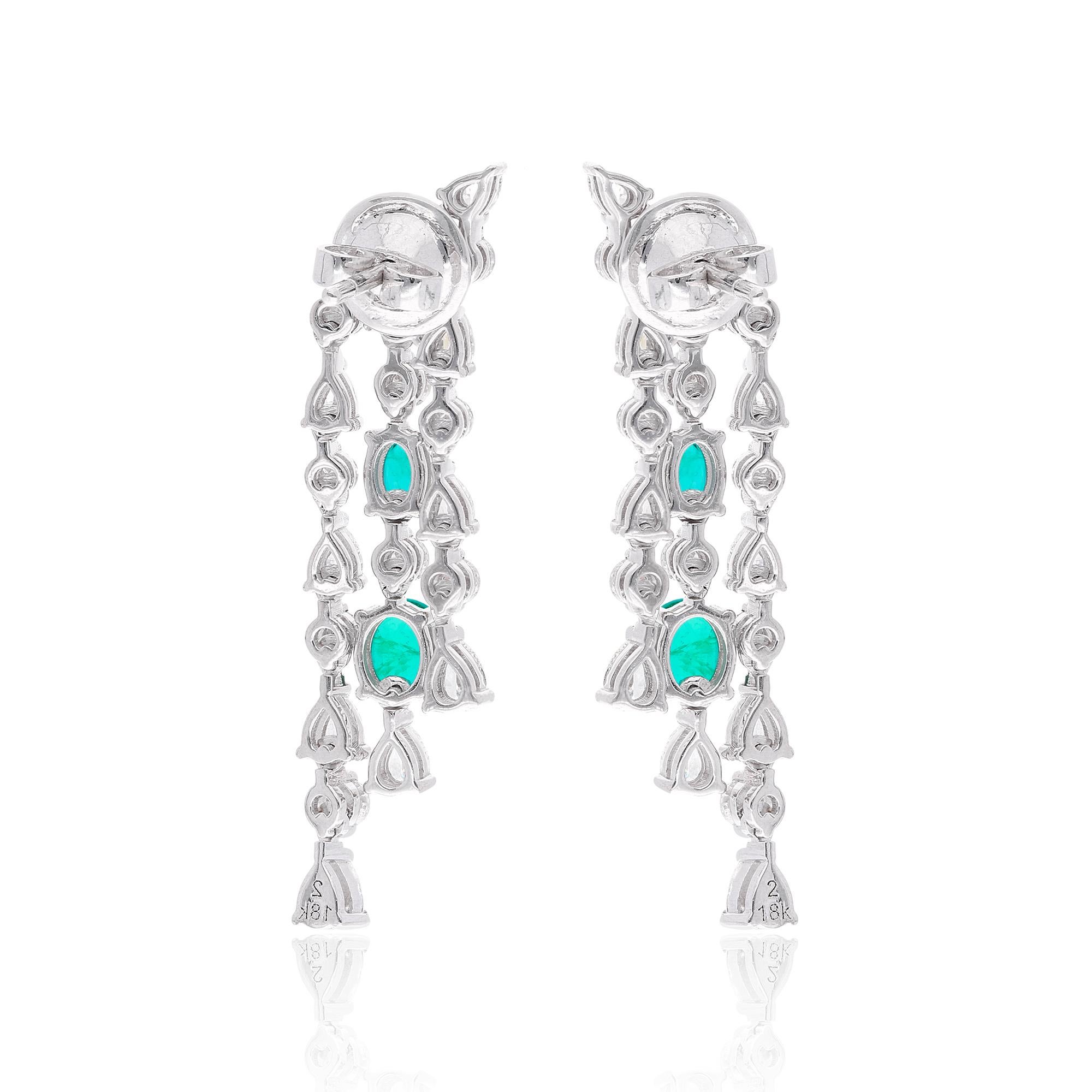 Women's Zambian Emerald Gemstone Chandelier Earrings Diamond 18 Karat White Gold Jewelry For Sale