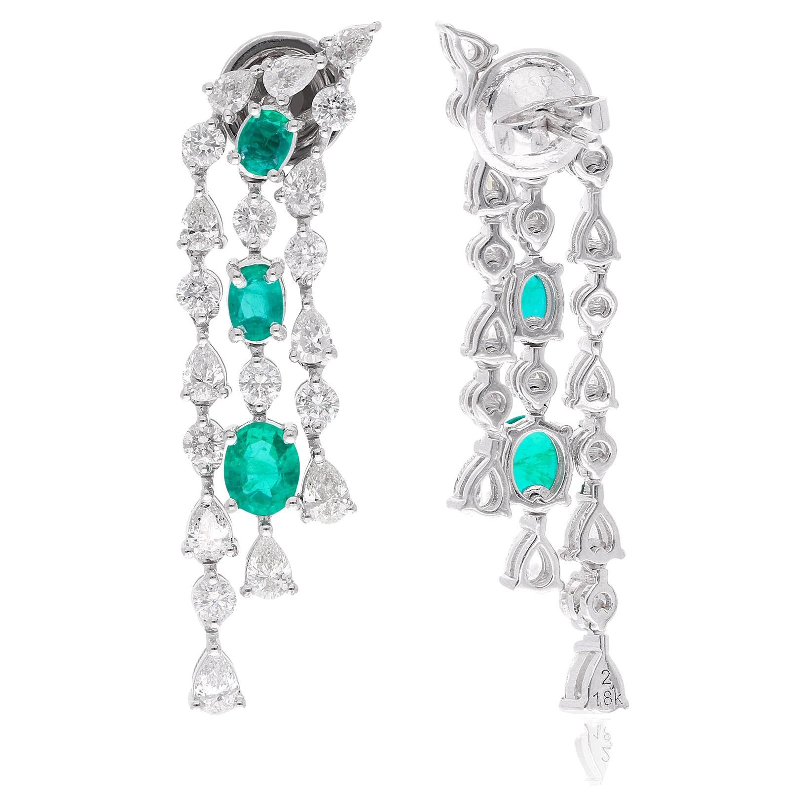 Zambian Emerald Gemstone Chandelier Earrings Diamond 18 Karat White Gold Jewelry