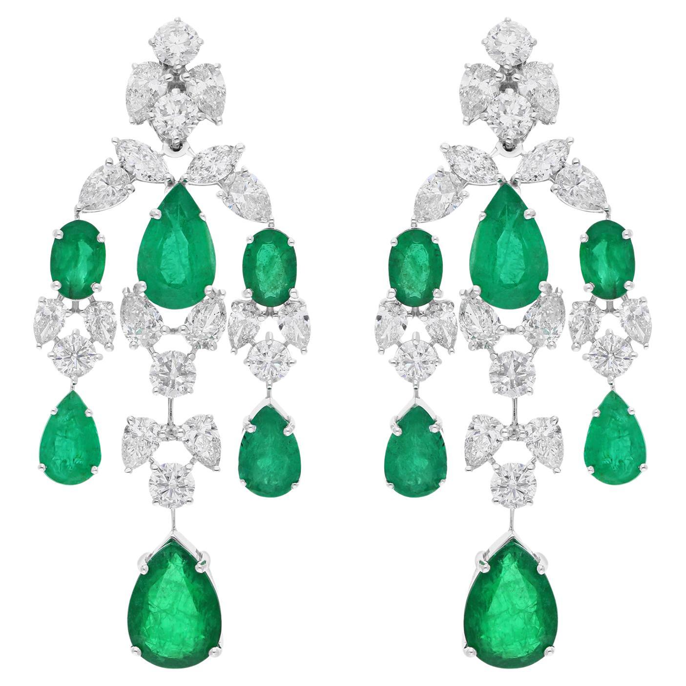 Zambian Emerald Gemstone Chandelier Earrings Diamond 18 Karat White Gold Jewelry