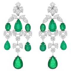 Zambian Emerald Gemstone Chandelier Earrings Diamond 18 Karat White Gold Jewelry