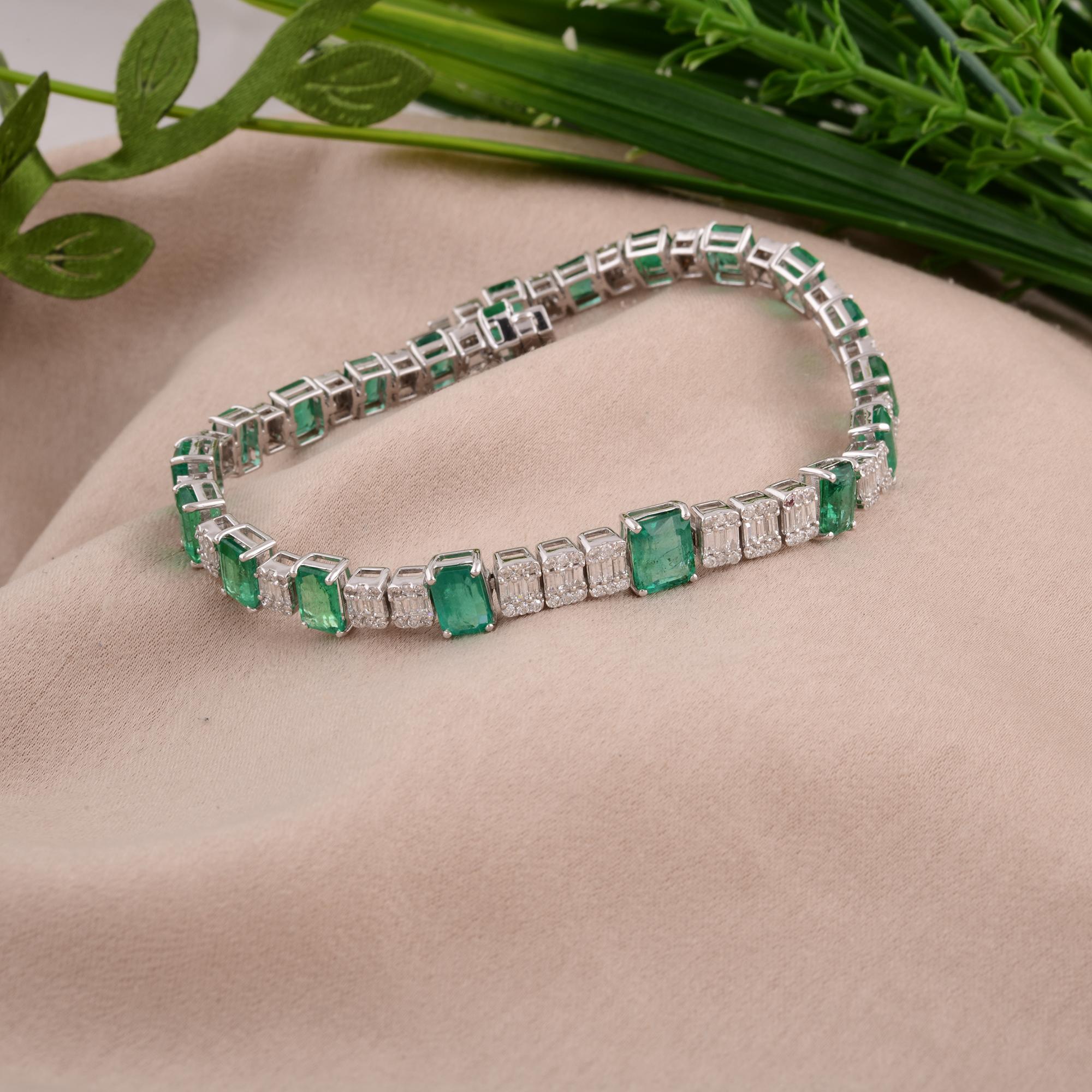 Emerald Cut Zambian Emerald Gemstone Charm Bracelet Diamond 14 Karat White Gold Fine Jewelry For Sale