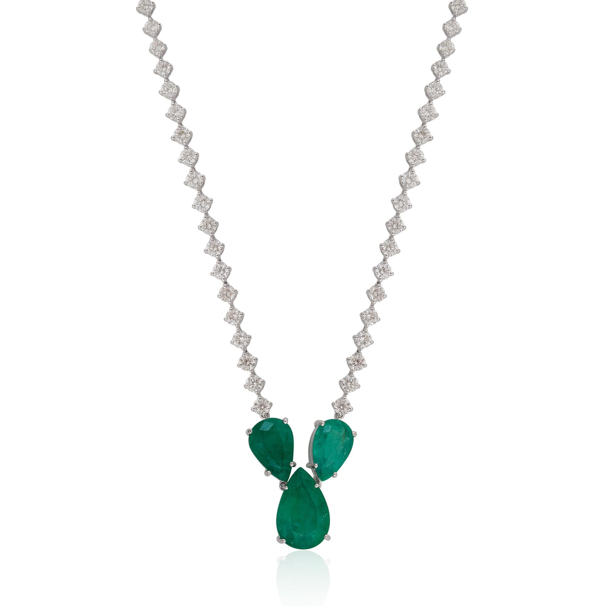 Modern Zambian Emerald Gemstone Charm Necklace Diamond 14 Karat White Gold Fine Jewelry For Sale