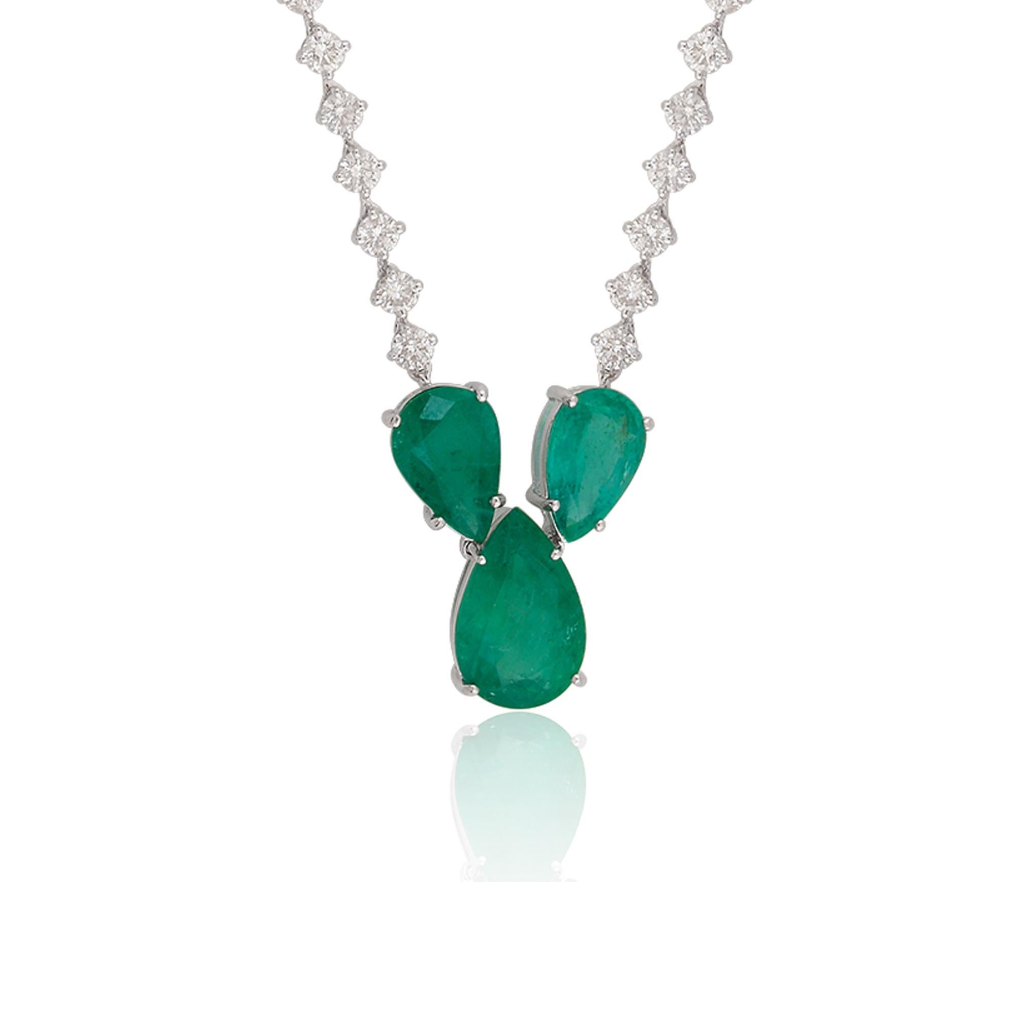 Women's Zambian Emerald Gemstone Charm Necklace Diamond 14 Karat White Gold Fine Jewelry For Sale