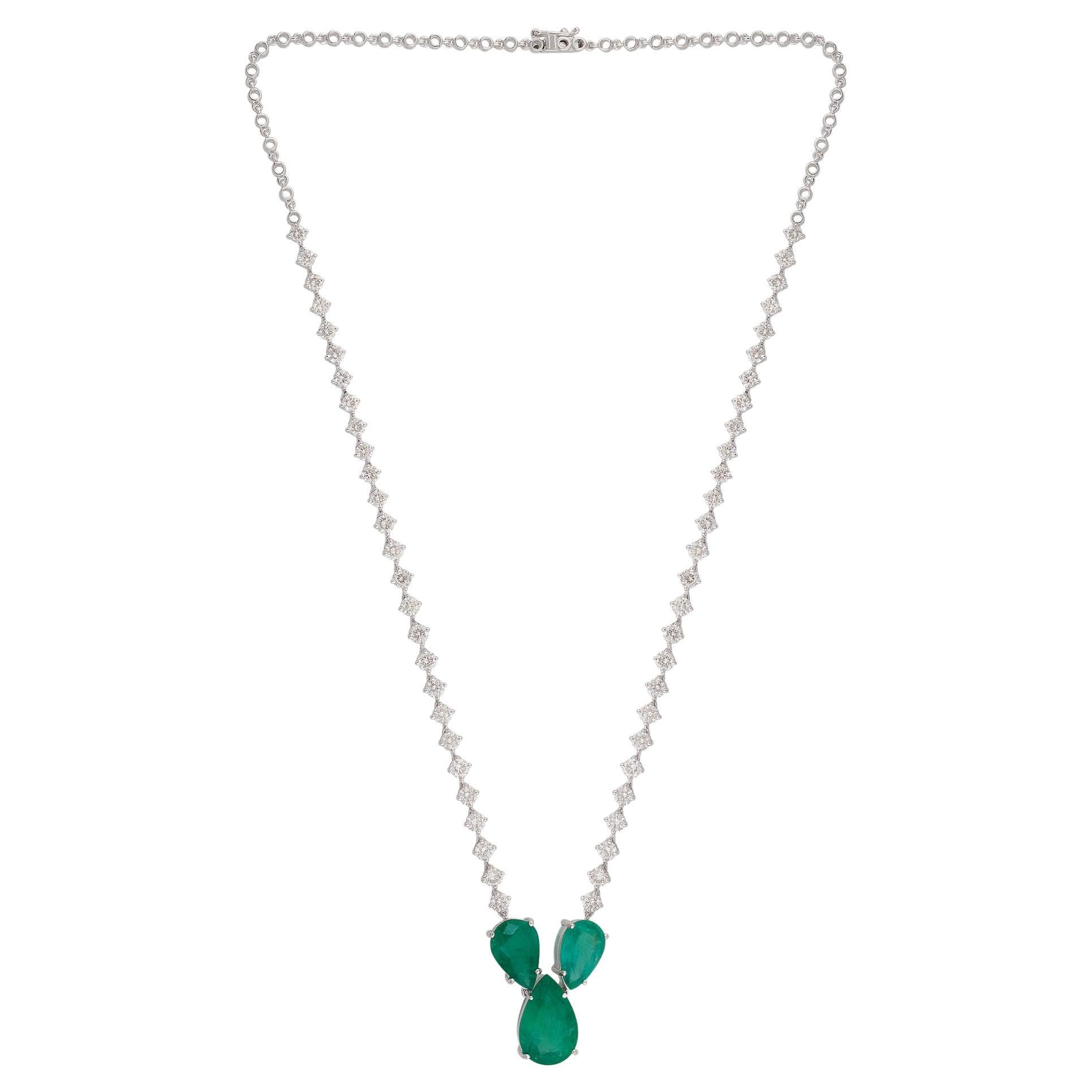 Emerald Gemstone Charm Necklace Diamond Pave 18 Karat White Gold Fine ...