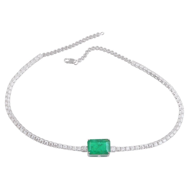 Natural Emerald Gemstone Charm Necklace Diamond 18 Karat White Gold Fine Jewelry For Sale at 1stDibs