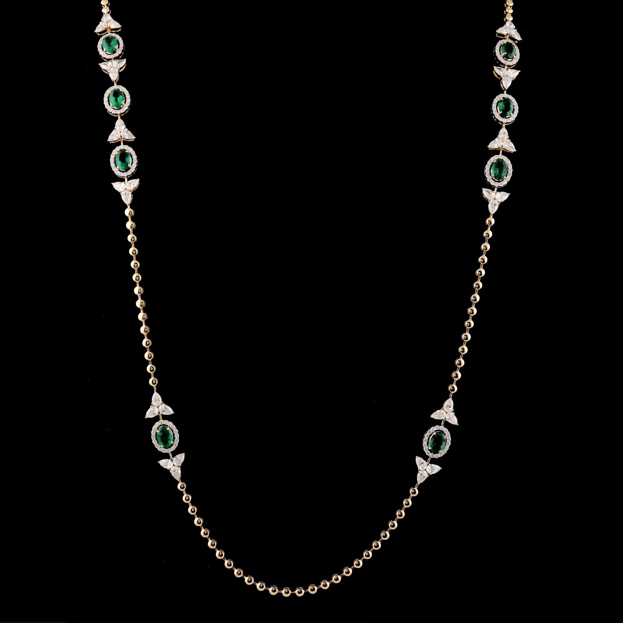 Women's Zambian Emerald Gemstone Charm Necklace Diamond 18 Karat Yellow Gold Jewelry For Sale